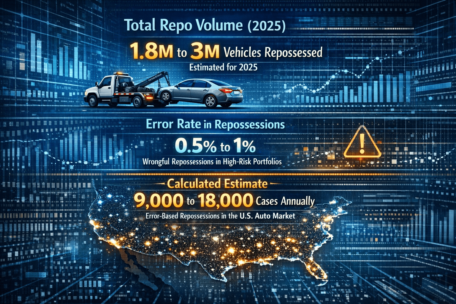 CFPB data: total repo volume, error rate in repossessions, and calculated estimate of error-based repossessions annually