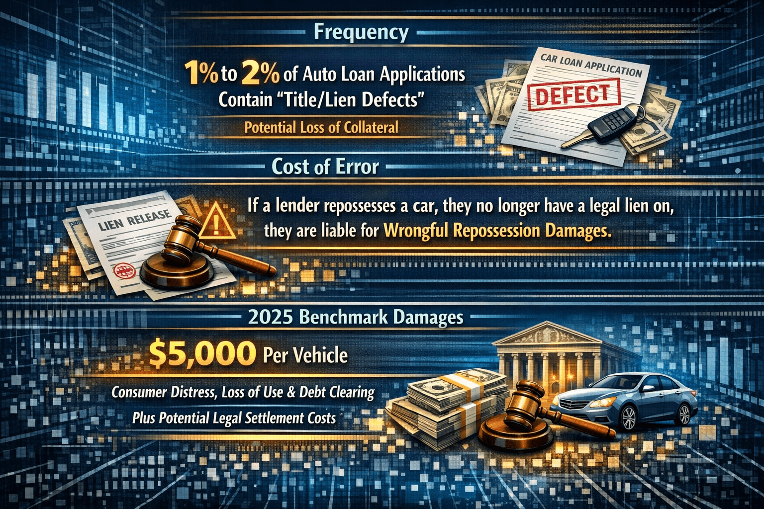CFPB data: frequency of title and lien defects, cost of wrongful repossession error, and 2025 benchmark damages per vehicle